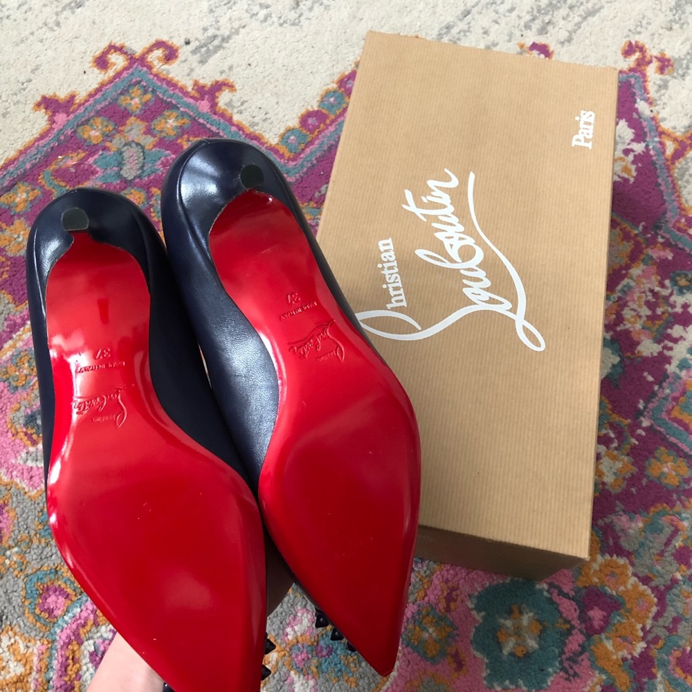 Christian Louboutin navy spiked toe kitten heels